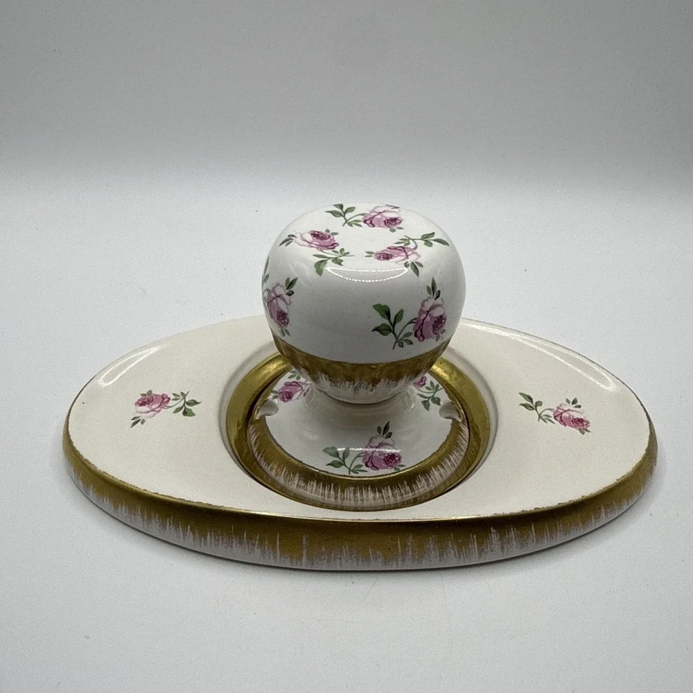 Vintage Hand Painted W/ Pink Roses And Gold Accents Porcelain Wall Knob On Board